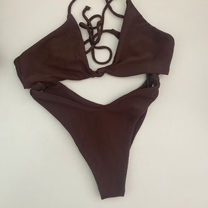 Skatie swim bikini set in chocolate ribbed. Size medium top, size small bottom